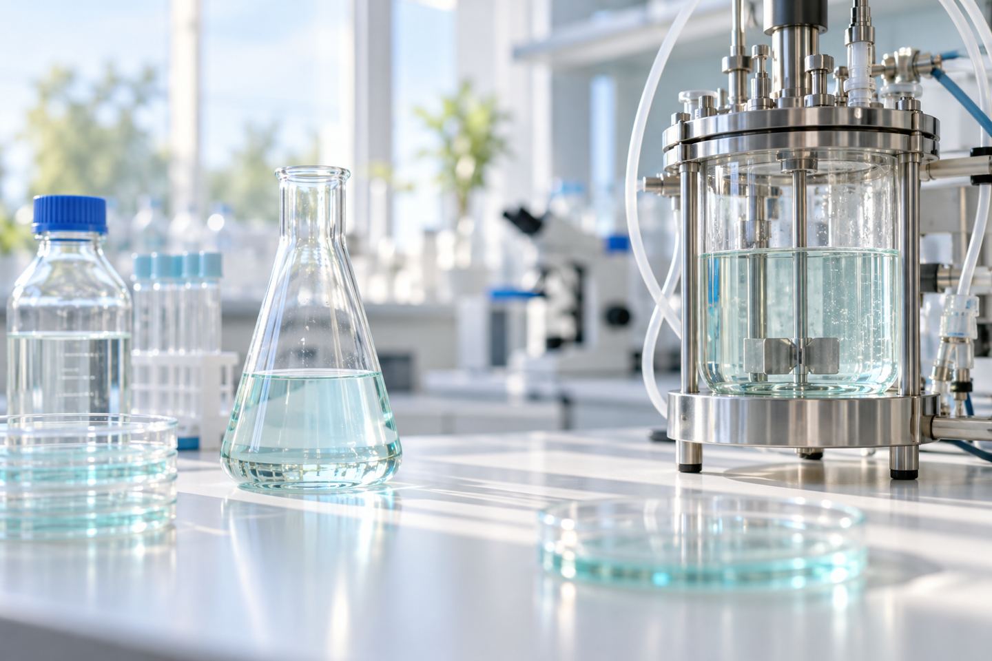 Bioreactor and laboratory glassware in a bright scientific workspace