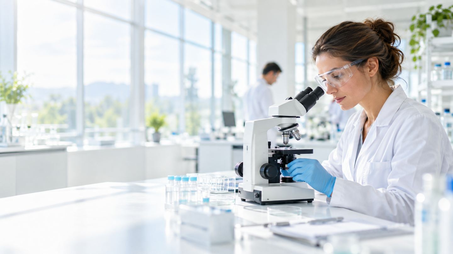 Scientific research with a microscope in a daylight laboratory